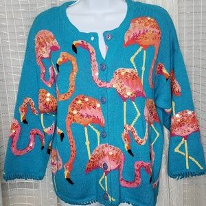 Vintage Jane's Closet cardigan sweater W/ pink sequin flamingos W/ Fringe Trim